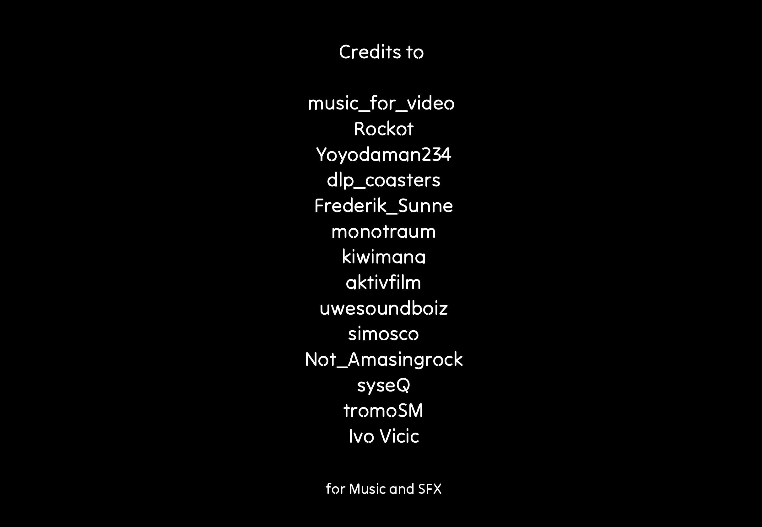 Credit page for music and sfx