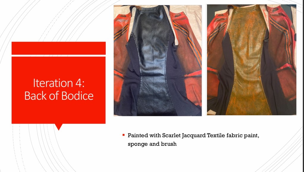 Painting the back of the bodice of the Scarlet Witch cosplay